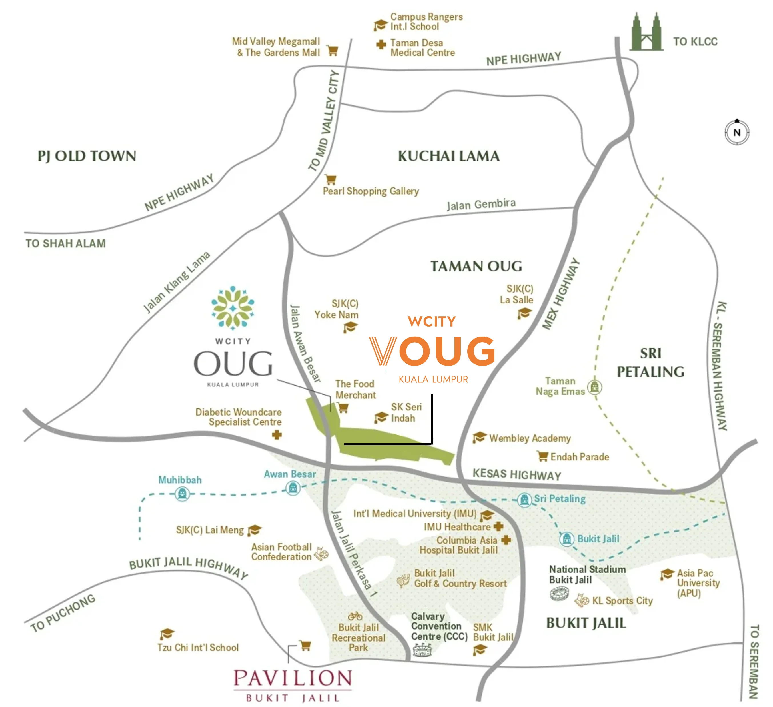 Location map of VOUG at WCity OUG showing KESAS, MEX, LRT and MRT stations