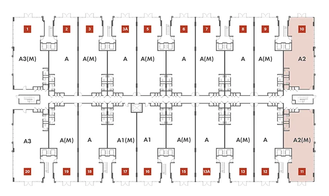 Block A key plan highlighting Type A2 / A2(M) units