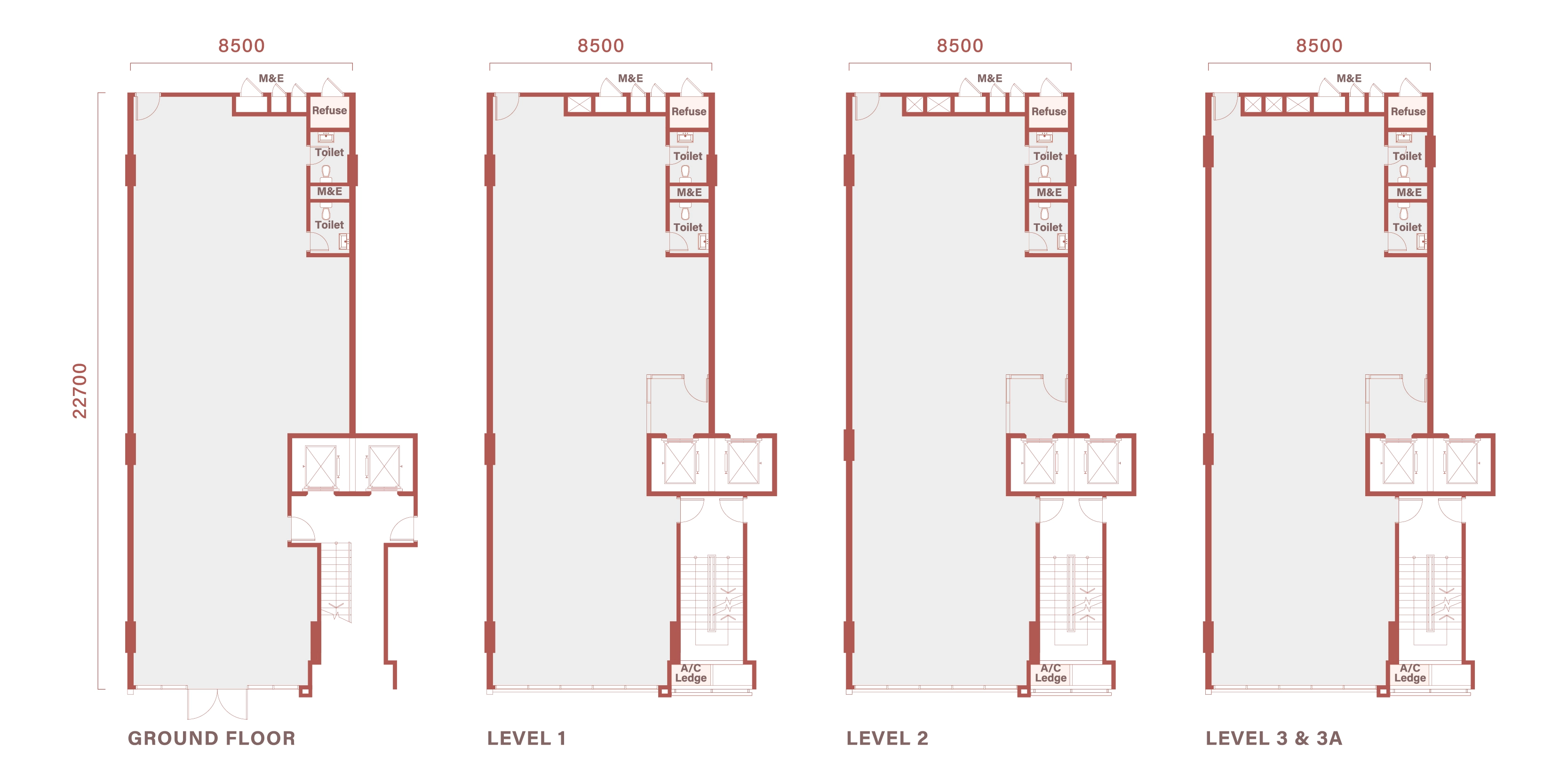 Floor plan of Type A1 / A1(M), 28 by 75 feet, 9,229 sq ft
