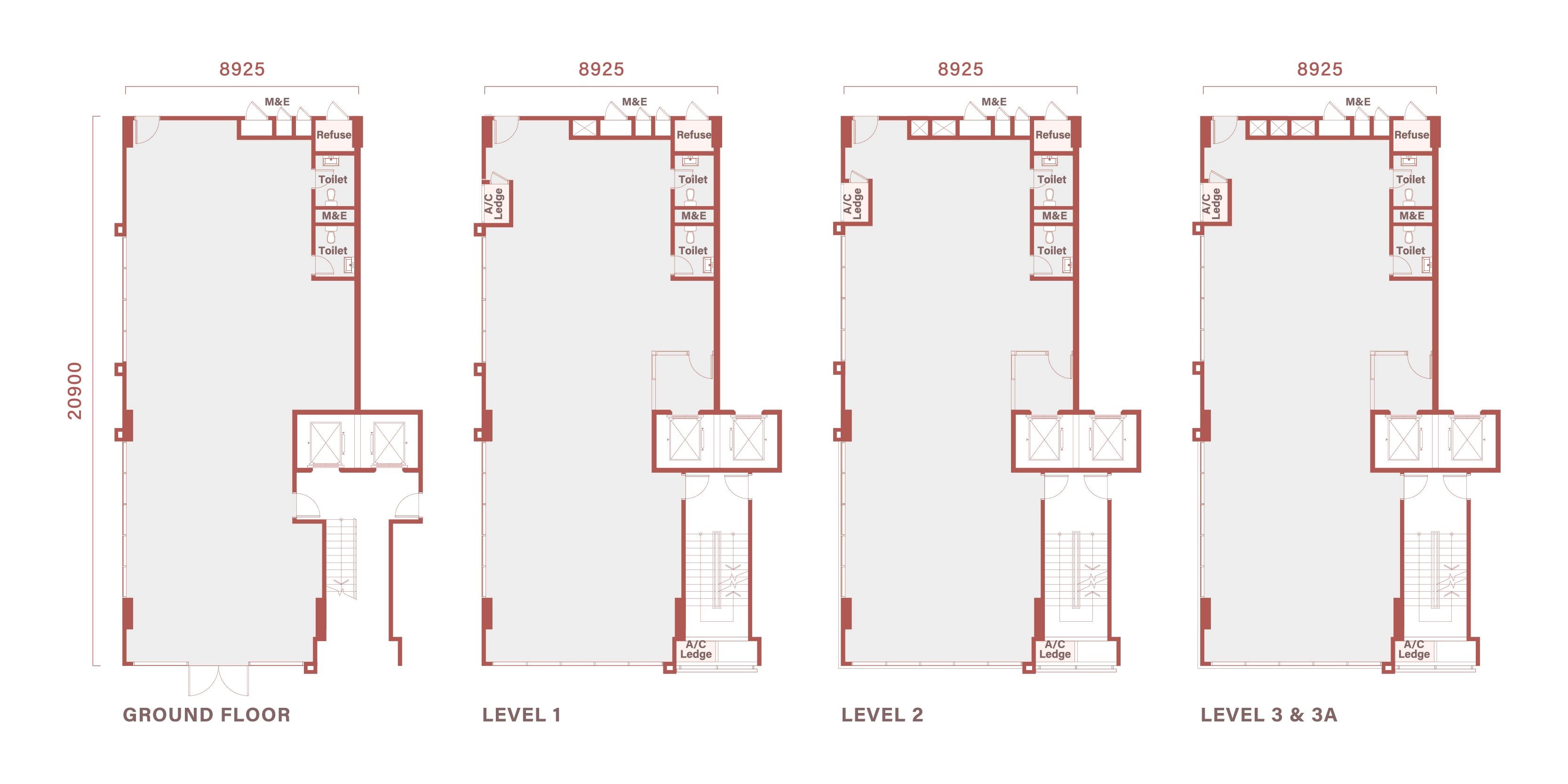 Floor plan of Type A2 / A2(M), 29 by 69 feet, 9,139 sq ft
