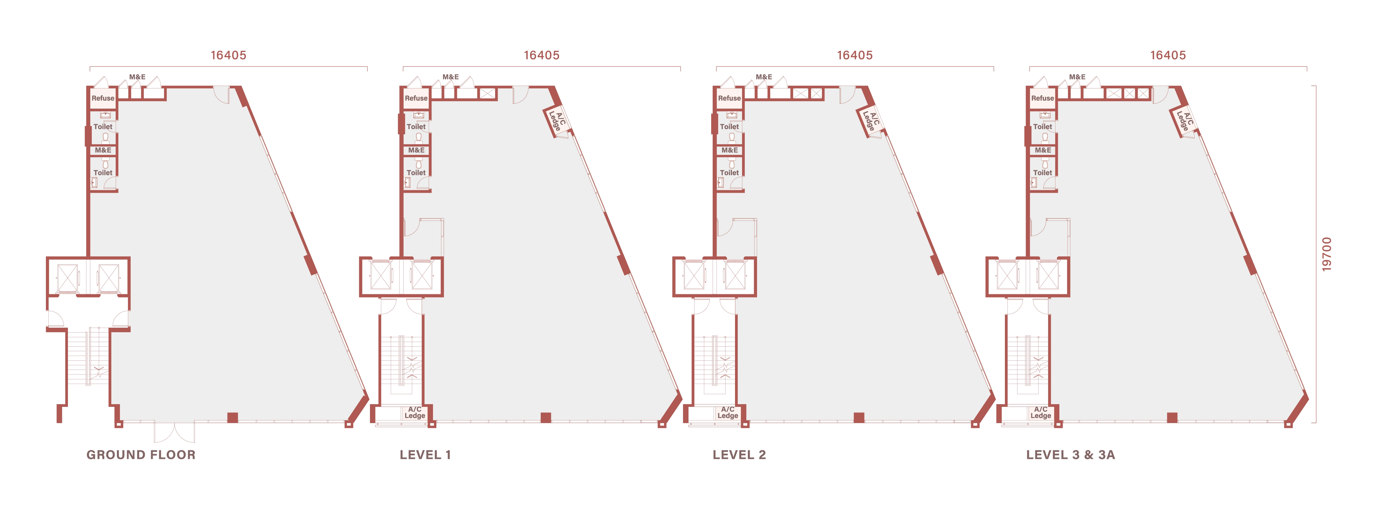 Floor plan of Type B5, 53 by 65 feet, 12,773 sq ft