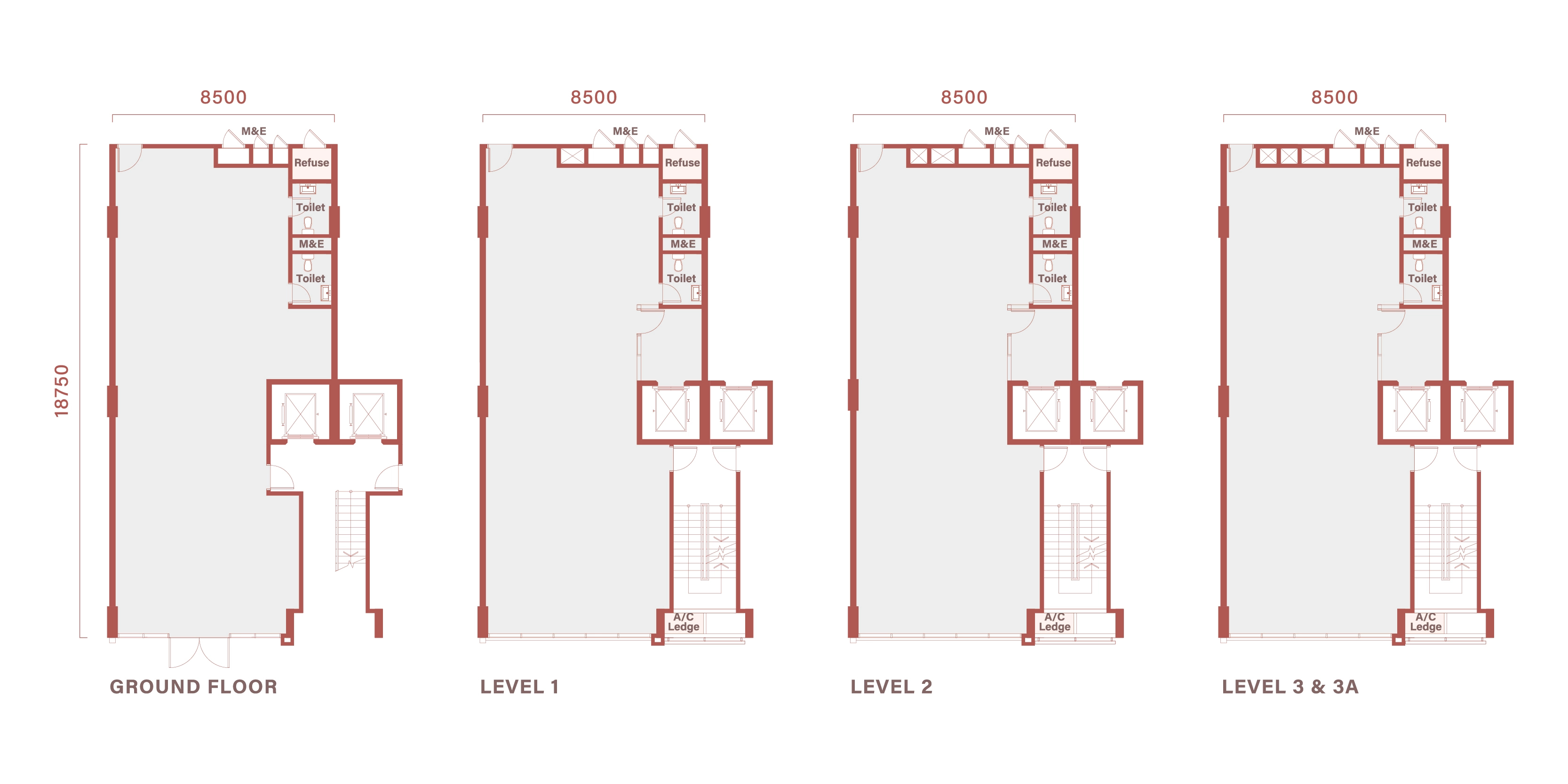 Floor plan of Type C / C(M), 28 by 61 feet, 7,635 sq ft