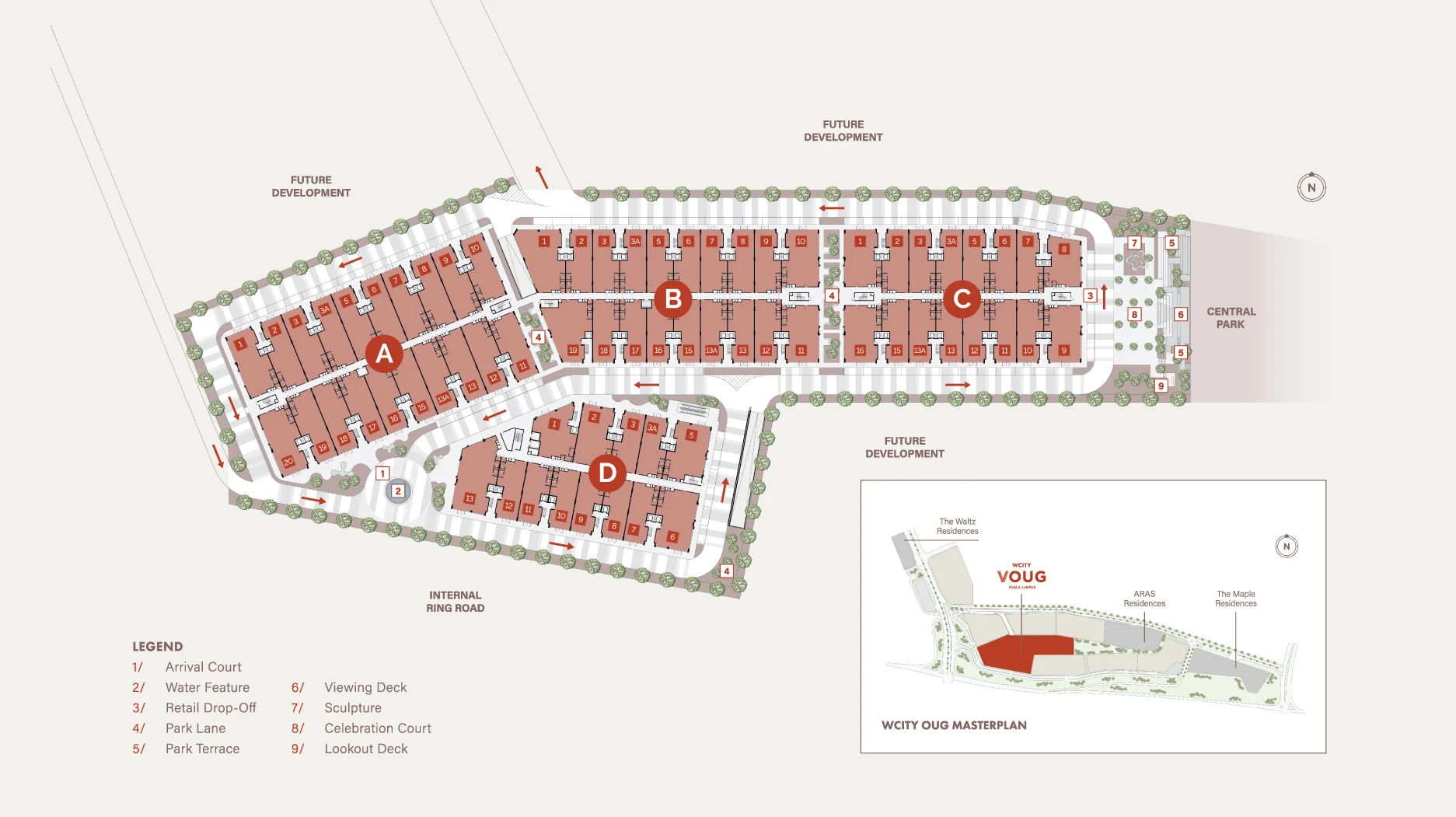 VOUG site plan showing Blocks A to D, the Arrival Court, Park Lane and Park Terrace